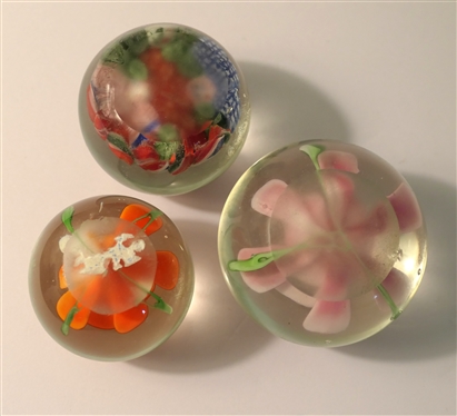 3 Art Glass Paperweights - Orange Flower, Pink Flower, and Other with Millefiori Flowers and Leaves  - Pink Flower Measures 2 
