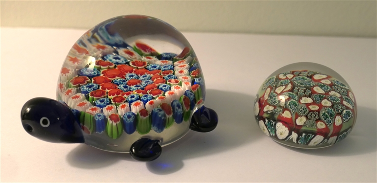 2 Millefiori Paperweights - Round Murano with Original Sticker and Turtle Shade with Applied Cobalt Blue Head, Arms, and Legs - Murano Measures 1 1/2