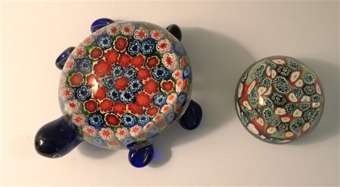2 Millefiori Paperweights - Round Murano with Original Sticker and Turtle Shade with Applied Cobalt Blue Head, Arms, and Legs - Murano Measures 1 1/2