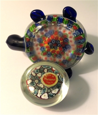 2 Millefiori Paperweights - Round Murano with Original Sticker and Turtle Shade with Applied Cobalt Blue Head, Arms, and Legs - Murano Measures 1 1/2