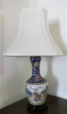Pretty Oriental Decorator Vase Style Table Lamp with Lots of Figures and Mountains - Blue Neck with Orange Flowers- Wood Base - Lamp Measures 18 to Bulb