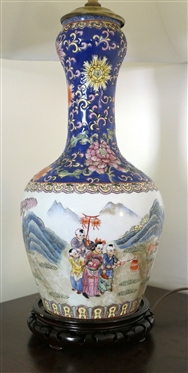 Pretty Oriental Decorator Vase Style Table Lamp with Lots of Figures and Mountains - Blue Neck with Orange Flowers- Wood Base - Lamp Measures 18 to Bulb