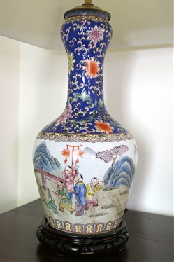 Pretty Oriental Decorator Vase Style Table Lamp with Lots of Figures and Mountains - Blue Neck with Orange Flowers- Wood Base - Lamp Measures 18 to Bulb