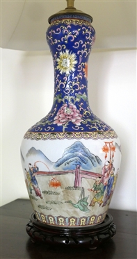 Pretty Oriental Decorator Vase Style Table Lamp with Lots of Figures and Mountains - Blue Neck with Orange Flowers- Wood Base - Lamp Measures 18 to Bulb