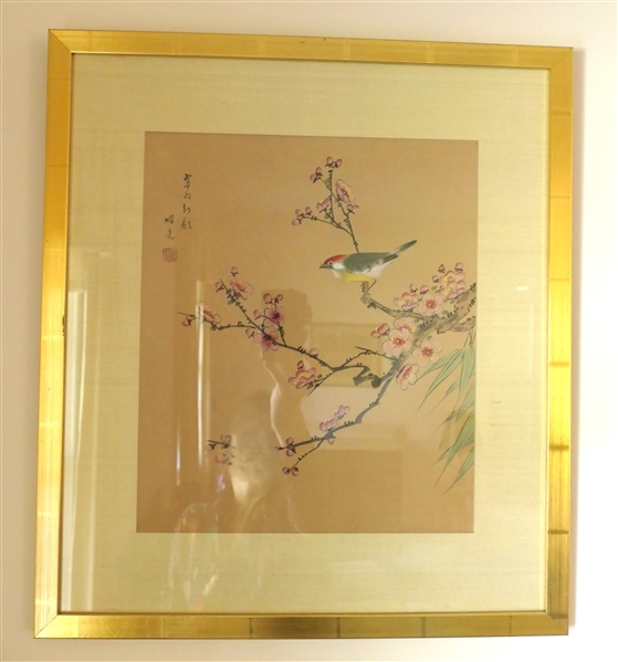 Beautiful Original Asian Painting - Bird with Red Head and Cherry Blossom Flowers-Framed and Matted - Frame Measures 21" by 18 1/2"