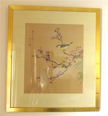 Beautiful Original Asian Painting - Bird with Red Head and Cherry Blossom Flowers-Framed and Matted - Frame Measures 21 by 18 1/2