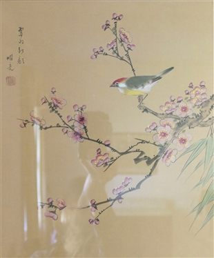 Beautiful Original Asian Painting - Bird with Red Head and Cherry Blossom Flowers-Framed and Matted - Frame Measures 21 by 18 1/2