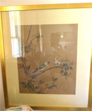 Beautiful Original Asian Painting - Bird White Head on Branches with Leaves -Framed and Matted - Frame Measures 21 by 18 1/2