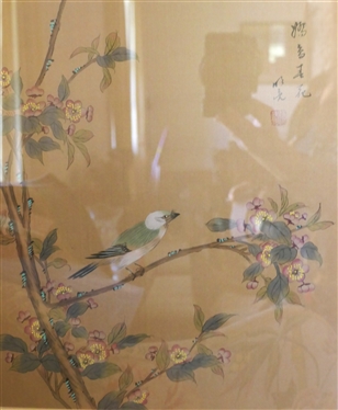 Beautiful Original Asian Painting - Bird White Head on Branches with Leaves -Framed and Matted - Frame Measures 21 by 18 1/2
