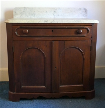 Walnut Marble Top Washstand with Drawer - Double Doors with Arched Panels - Marble Top with Backsplash - Stand Measures 29 Tall 33 by 16 