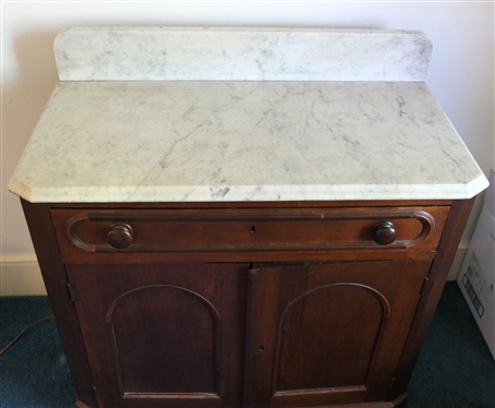 Walnut Marble Top Washstand with Drawer - Double Doors with Arched Panels - Marble Top with Backsplash - Stand Measures 29 Tall 33 by 16 