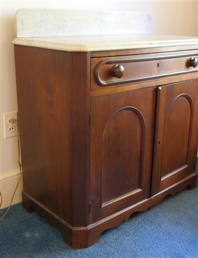 Walnut Marble Top Washstand with Drawer - Double Doors with Arched Panels - Marble Top with Backsplash - Stand Measures 29 Tall 33 by 16 