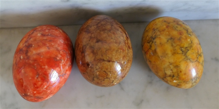 3 Carved Stone Eggs - 2 With Original Stickers Genuine Alabaster Hand Carved in Italy 