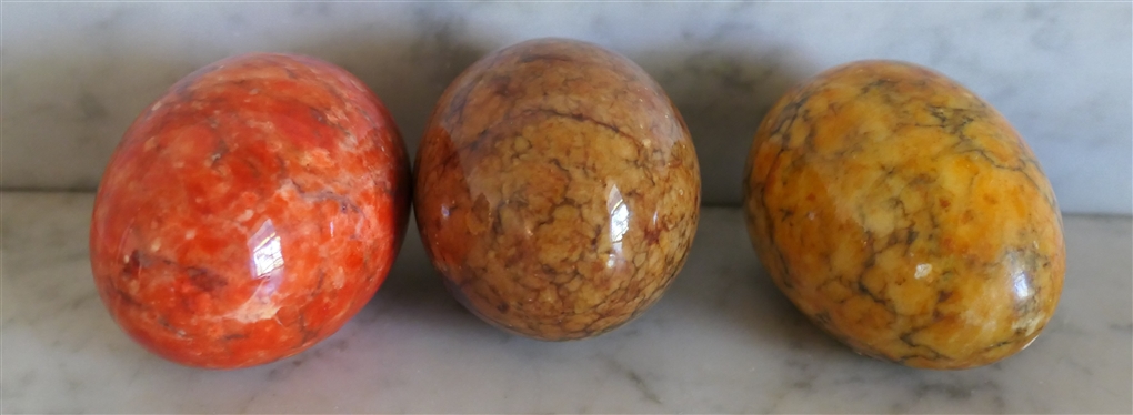 3 Carved Stone Eggs - 2 With Original Stickers Genuine Alabaster Hand Carved in Italy 