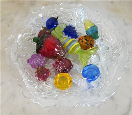 Bowl of Hand Blown Glass Fruit and Candies - 6 Glass Candies and 6 Glass Fruits - All in Sandwich Glass Bowl - Strawberry Measures 2 Lon g