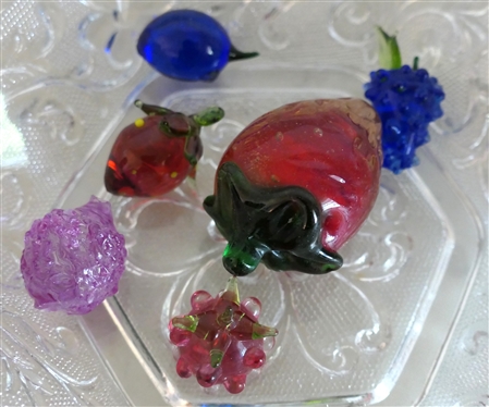 Bowl of Hand Blown Glass Fruit and Candies - 6 Glass Candies and 6 Glass Fruits - All in Sandwich Glass Bowl - Strawberry Measures 2 Lon g