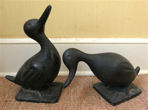 2 1950''s Virginia Metalcrafters Cast Iron Duck Door Stops -Male and Female - Both Signed - Duck with Head Up Measures 11 1/2 Tall 