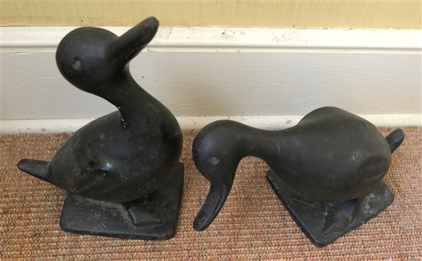 2 1950''s Virginia Metalcrafters Cast Iron Duck Door Stops -Male and Female - Both Signed - Duck with Head Up Measures 11 1/2 Tall 