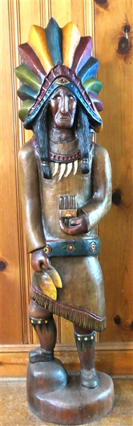 Hand Carved Life Size Cigar / Tobacco Indian Chief Statue - Hand Carved From Single Piece of Wood - Signed  Wade - 1986 - #4 - Measures - 52" Tall - By Wade Puryear - South Boston, Va Wood Artist 