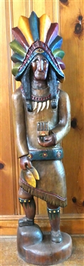Hand Carved Life Size Cigar / Tobacco Indian Chief Statue - Hand Carved From Single Piece of Wood - Signed  Wade - 1986 - #4 - Measures - 5''2 Tall - By Wade Puryear - South Boston, Va Wood Artist 