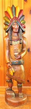 Hand Carved Life Size Cigar / Tobacco Indian Chief Statue - Hand Carved From Single Piece of Wood - Signed  Wade - 1986 - #4 - Measures - 5''2 Tall - By Wade Puryear - South Boston, Va Wood Artist 