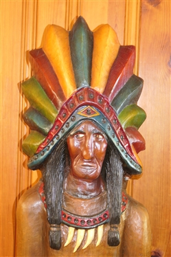 Hand Carved Life Size Cigar / Tobacco Indian Chief Statue - Hand Carved From Single Piece of Wood - Signed  Wade - 1986 - #4 - Measures - 5''2 Tall - By Wade Puryear - South Boston, Va Wood Artist 