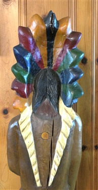 Hand Carved Life Size Cigar / Tobacco Indian Chief Statue - Hand Carved From Single Piece of Wood - Signed  Wade - 1986 - #4 - Measures - 5''2 Tall - By Wade Puryear - South Boston, Va Wood Artist 