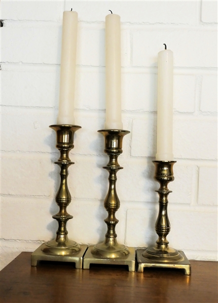 3 Brass Candle Sticks - Pair of 7 1/2" and Single 6" Made in England