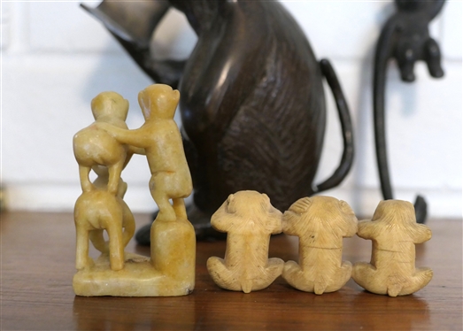 Collection of Monkeys - Bronze Reading a Book, Iron Hanging Monkey, and 2 Sets of Carved Monkeys - Bronze Reading Monkey Measures 5 1/4 Tall