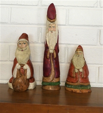3 - K. Arthur Originals - Folk Art Hand Carved Saint Nicholas Wood Carvings - Hand Painted and Hand Carved From The Johnston Family Christmas Trees - From the 1990''s - Tallest is 11 3/4 Tall