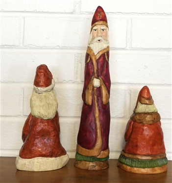 3 - K. Arthur Originals - Folk Art Hand Carved Saint Nicholas Wood Carvings - Hand Painted and Hand Carved From The Johnston Family Christmas Trees - From the 1990''s - Tallest is 11 3/4 Tall