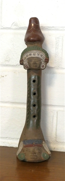 Native American Pottery Flute - Indian Heads at Top and Bottom - Flute Has Been Repaired - Measures 9" Tall 