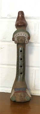 Native American Pottery Flute - Indian Heads at Top and Bottom - Flute Has Been Repaired - Measures 9 Tall 