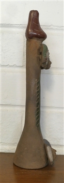 Native American Pottery Flute - Indian Heads at Top and Bottom - Flute Has Been Repaired - Measures 9 Tall 