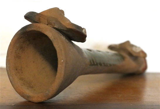 Native American Pottery Flute - Indian Heads at Top and Bottom - Flute Has Been Repaired - Measures 9 Tall 