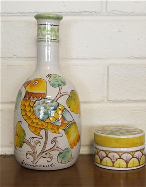 2 Pieces of Hand Painted Italian Art Pottery -Vase / Bottle with Original Sticker G. Piombanti and Lidded Box - Artist Signed - Vase Measures 8 1/8 Tall 