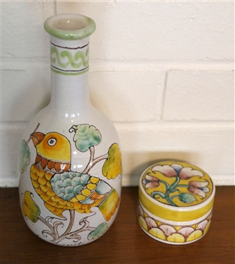 2 Pieces of Hand Painted Italian Art Pottery -Vase / Bottle with Original Sticker G. Piombanti and Lidded Box - Artist Signed - Vase Measures 8 1/8 Tall 