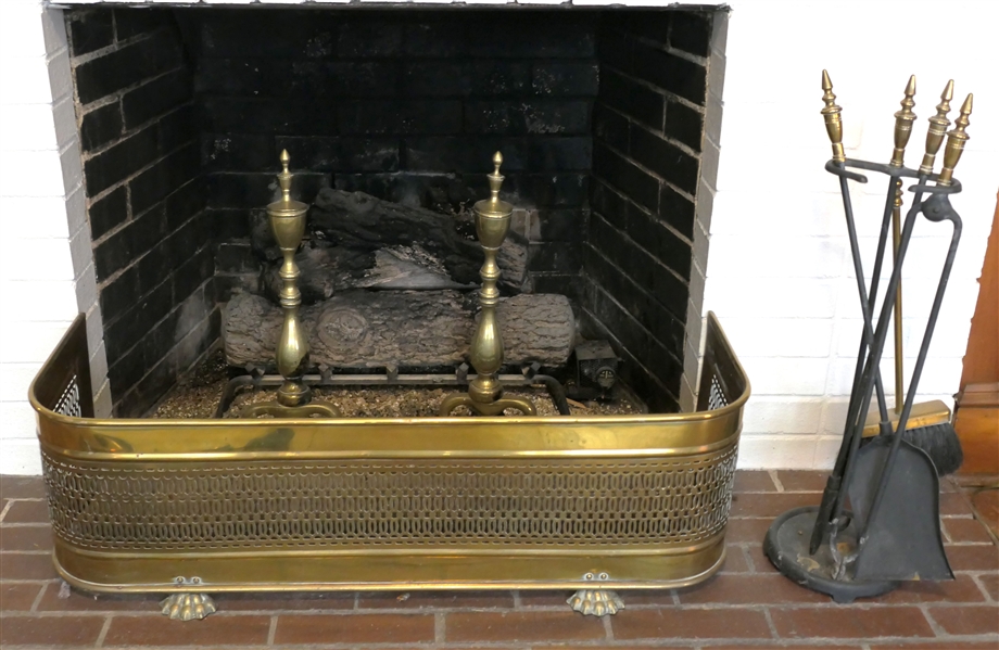 Brass Fire Place Set - Pair of Nice Brass Andirons with Urn Finials, Brass Fire Skirt with Claw Feet, and Brass and Iron Fire Tools 