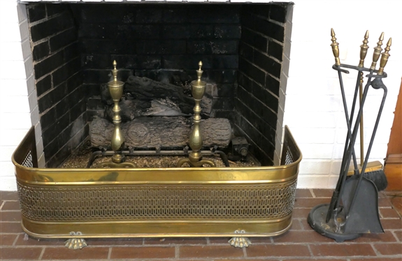 Brass Fire Place Set - Pair of Nice Brass Andirons with Urn Finials, Brass Fire Skirt with Claw Feet, and Brass and Iron Fire Tools 