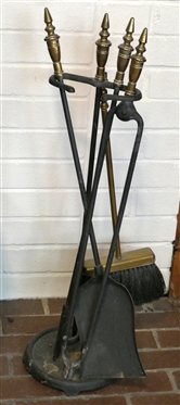 Brass Fire Place Set - Pair of Nice Brass Andirons with Urn Finials, Brass Fire Skirt with Claw Feet, and Brass and Iron Fire Tools 