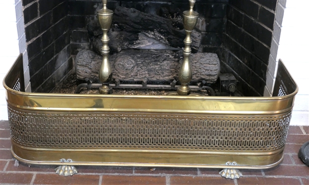 Brass Fire Place Set - Pair of Nice Brass Andirons with Urn Finials, Brass Fire Skirt with Claw Feet, and Brass and Iron Fire Tools 