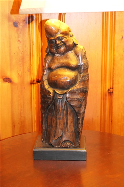 Wooden Carved Buddha Statue Turned Table Lamp - Hand Carved Buddha on Wood Base - Measures 23" To Bulb 