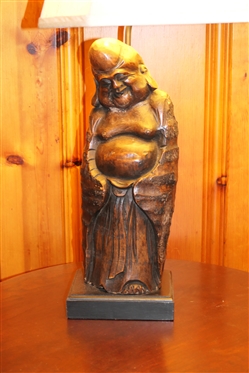 Wooden Carved Buddha Statue Turned Table Lamp - Hand Carved Buddha on Wood Base - Measures 23 To Bulb 