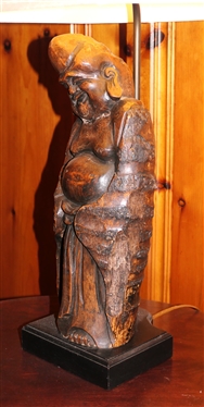 Wooden Carved Buddha Statue Turned Table Lamp - Hand Carved Buddha on Wood Base - Measures 23 To Bulb 