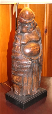 Wooden Carved Buddha Statue Turned Table Lamp - Hand Carved Buddha on Wood Base - Measures 23 To Bulb 
