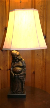 Wooden Carved Buddha Statue Turned Table Lamp - Hand Carved Buddha on Wood Base - Measures 23 To Bulb 