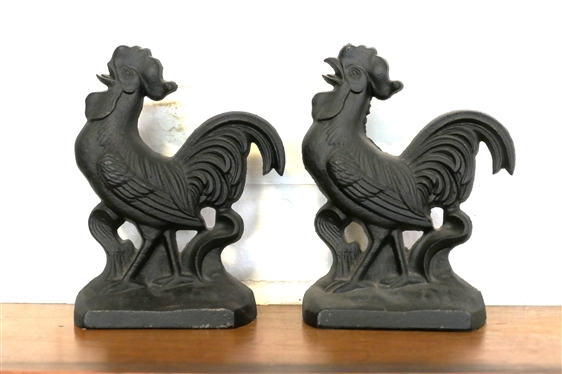 Pair of Virginia Metalcrafters Iron Rooster Bookends - Number -5-42  -Each Rooster Measures 7 Tall 