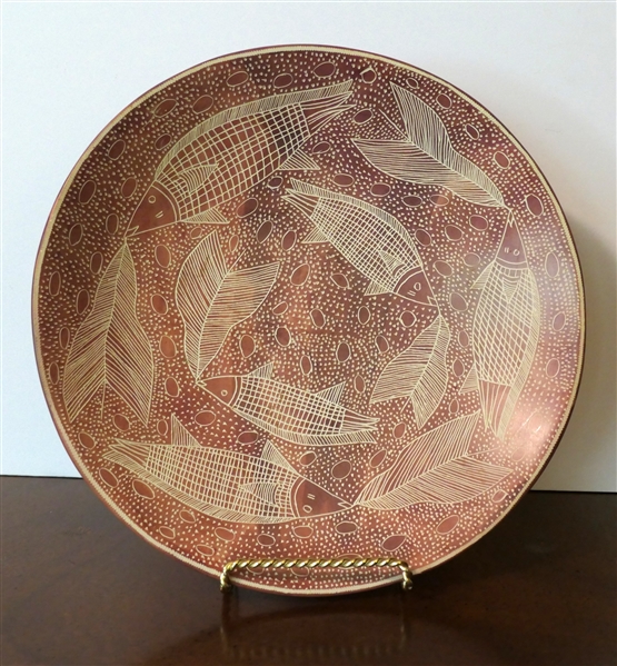 Hand Made African Art Pottery Bowl with Fish and Leaves - Made in Kenya - Bowl Measures 10" Across