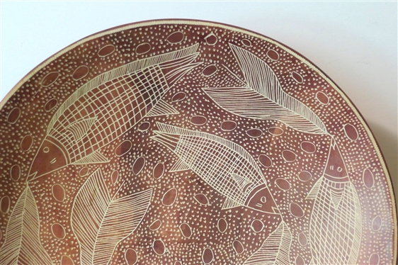 Hand Made African Art Pottery Bowl with Fish and Leaves - Made in Kenya - Bowl Measures 10 Across