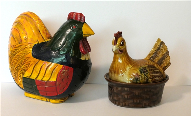 Carved Wood Polychrome Painted Rooster Statue and Ceramic Hen on Nest - Wood Chicken Measures 10 Tall 11 Beak to Tail - Hen on Nest Has Chips on Comb